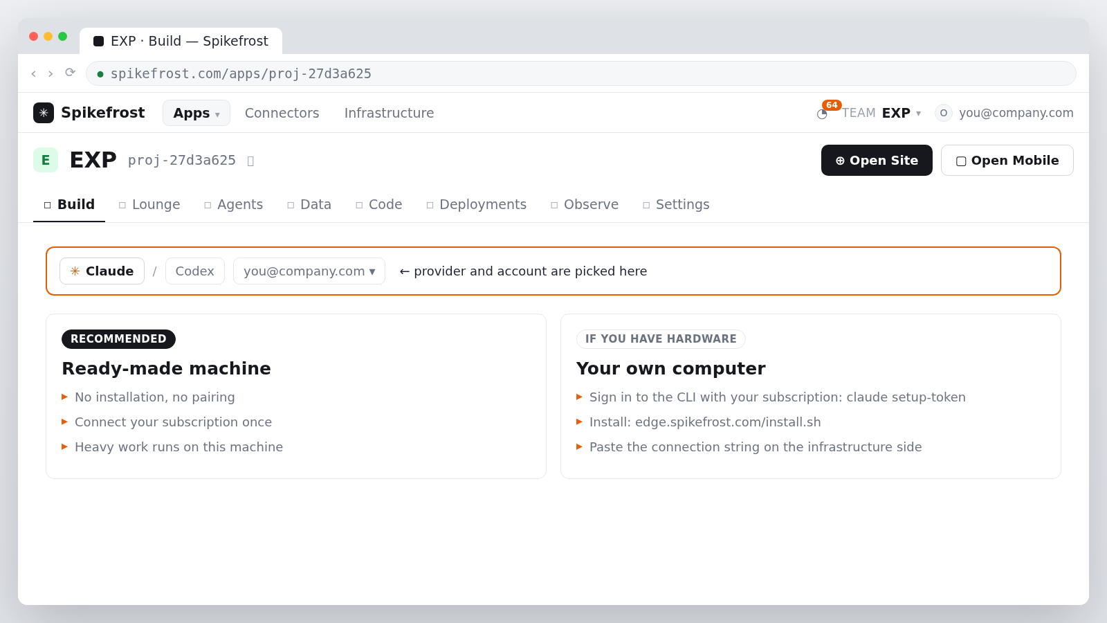 Provider and account selection in the composer, with the two options below