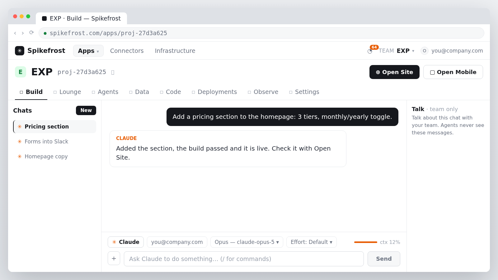 Build tab: Chats list on the left, conversation in the middle, composer below, Talk panel on the right