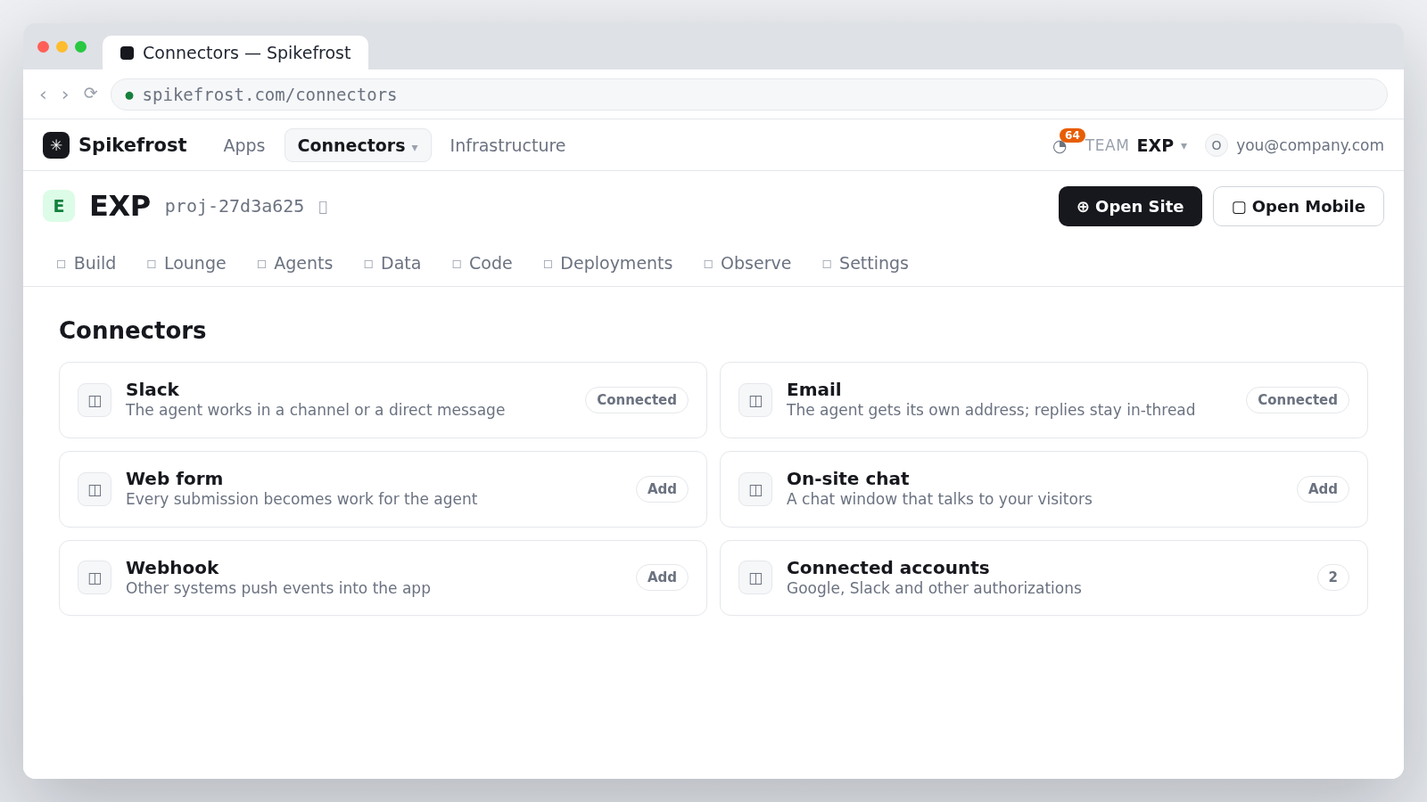 Connectors section: Slack, email, web form, on-site chat, webhook and connected accounts