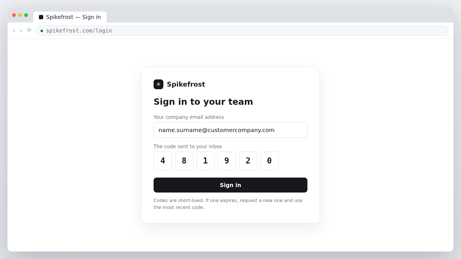 Spikefrost sign-in screen with company email and one-time code fields