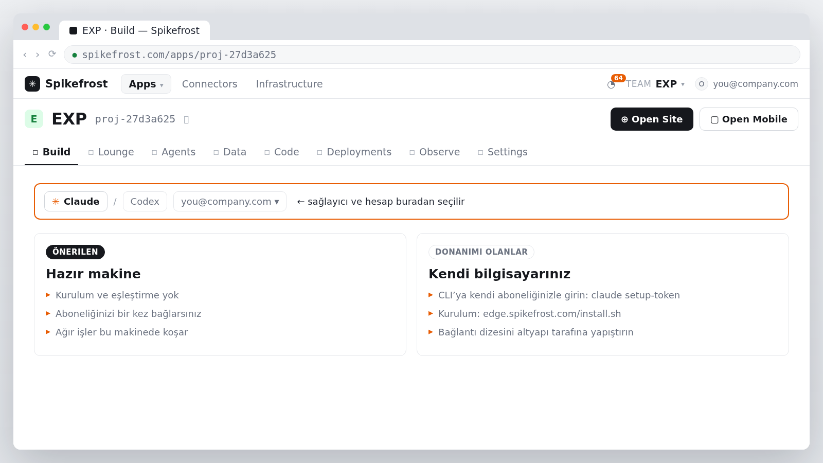 Besteci çubuğunda sağlayıcı ve hesap seçimi, altında iki seçenek kartı