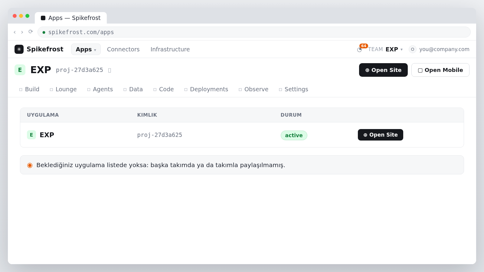 Apps listesi: EXP uygulaması, kimliği, durumu ve Open Site düğmesi