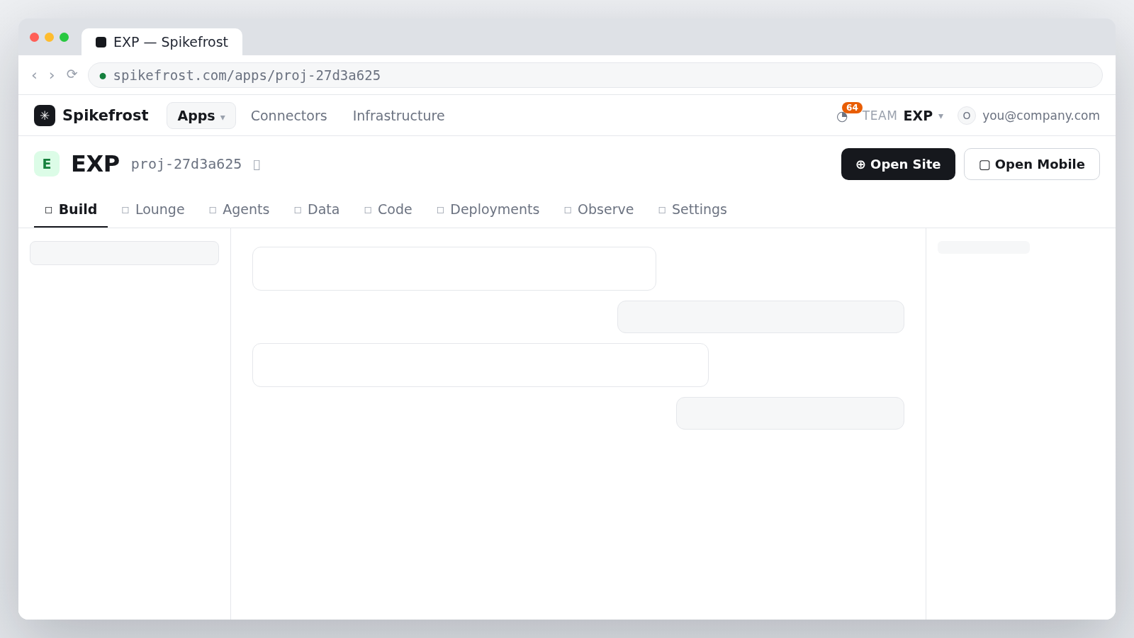 Konsol: üst barda Apps, Connectors, Infrastructure; altında uygulama başlığı ve sekmeler